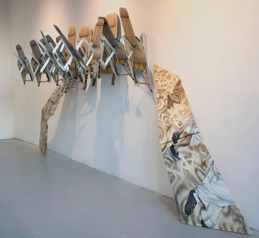 "All Passports were taken away" 2017. Oil on canvas, aluminum, plexiglass, digital photo, 5ft x 15ft.