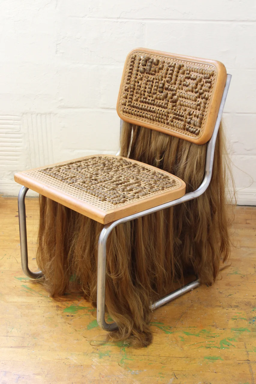 Bimbo chair 2, 2017, cane, wood, steel, synthetic hair, 23.5 x 32 x 23.5 inches
