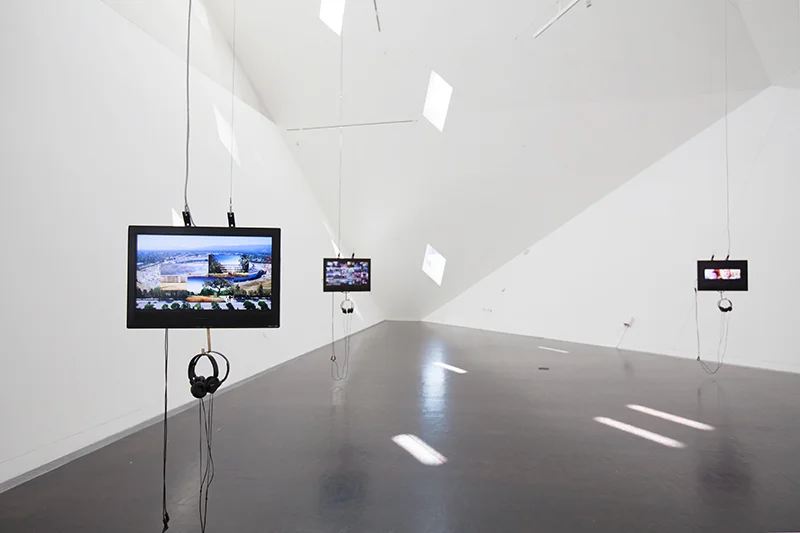 Silicon Landscapes, 2017, install view at Contemporary Jewish Museum of 3-channel high definition video, 15:59min.