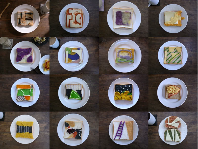 Abstract Butter,2012,Bread,Cheeses,Eggs,Spinaches,Potatoes,Sesame Paste, Fruits Jam,Greenpeace,Squash,Chocolate,Ketchup,Mayonnaise,Peanut butter, 4.3×4.3×0.6 inches 16 toast