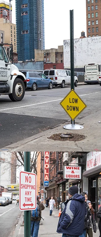 Double-Take(Ver.09)_Low Down, 2017, Redesigned Traffic Sign, Sign Post, Sign Post Base, 75x24x14.5(in)