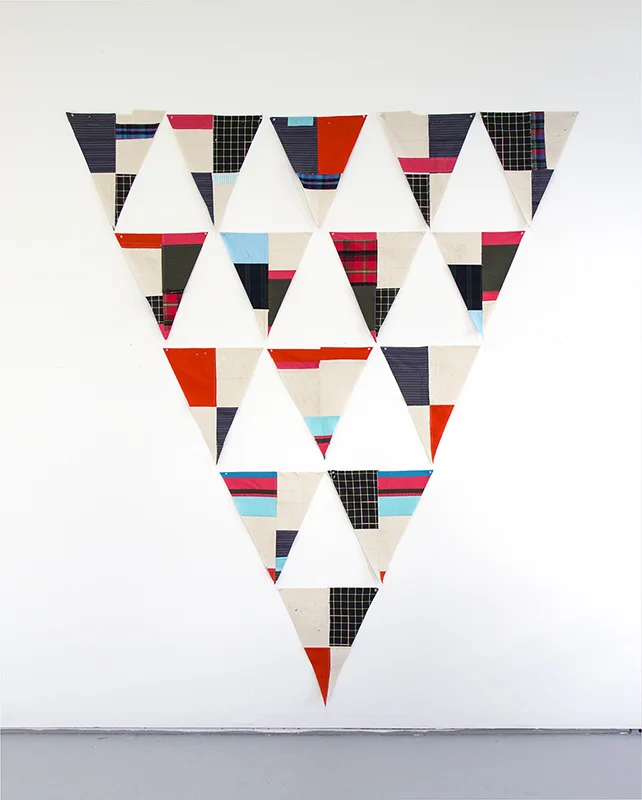 "Birds in Flight (No.1)", 2018, Acrylic, colored pencil, pieced and sewn canvas, cotton, wool, map pins (15 parts total), 100 x 92 inches overall