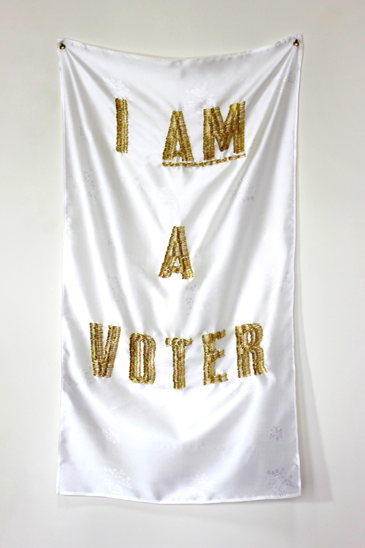 "Like Any Other: No. 54 (I Am a Voter)", Safety pins, silk and thread, 40" x 22" x 3", 2018