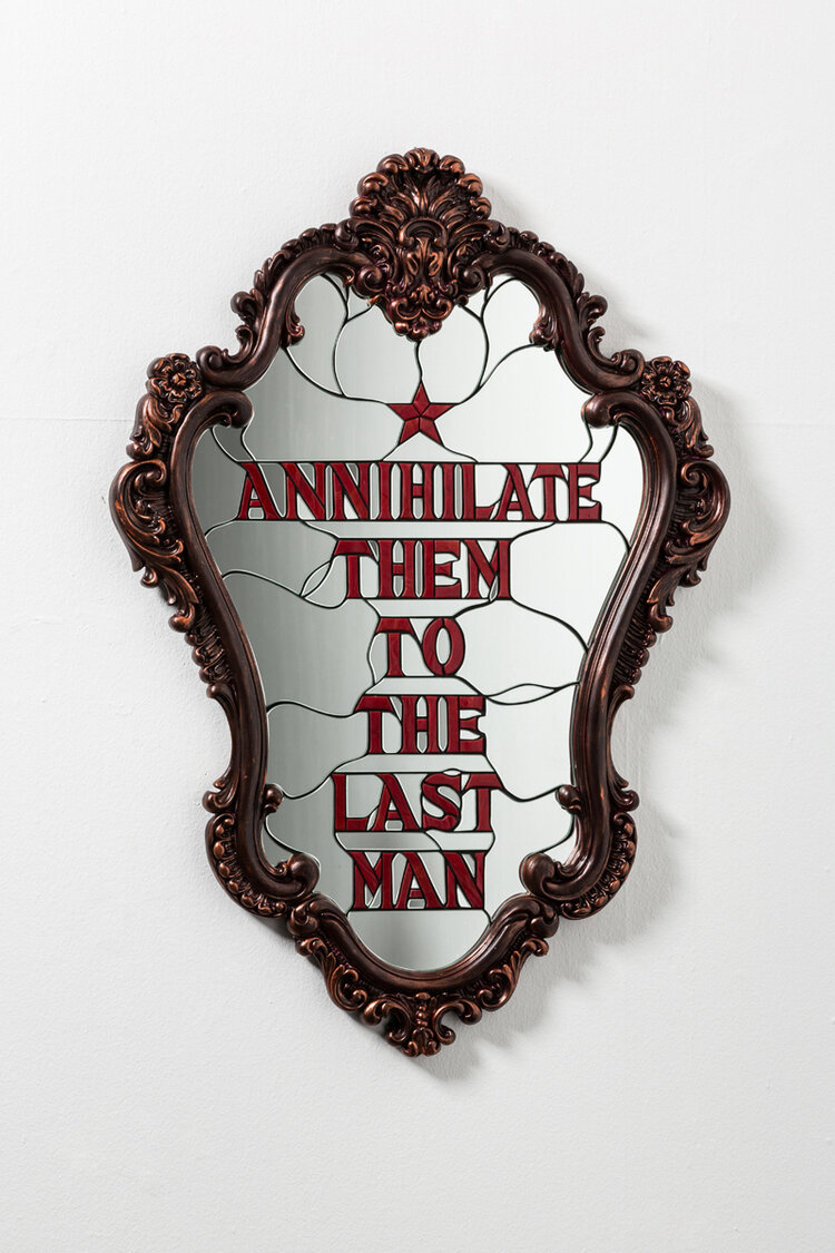Annihilate them, mirror, stained glass and mixed media, 35x39inch, 2018