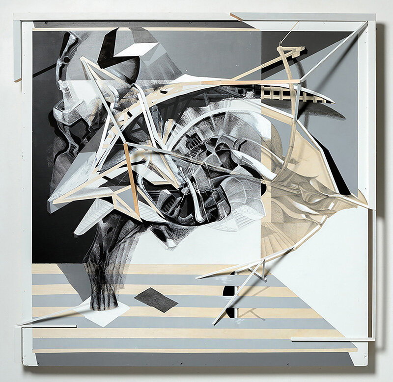 1.	Cobweb Afternoon, graphite and acrylic on panel with wood assemblage, 49”x50”x6”, 2019