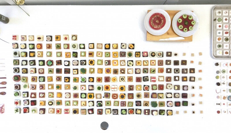 Variations on a Snack, 2019, assorted edible material with detailed direction set, approx. 54" x 36"