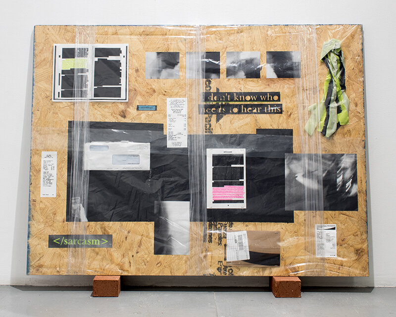 Mood Board #3 (i don’t know who needs to hear this), 2020, Paint, toner on paper, plastic, painters tape, receipts, vinyl, cardboard, envelope on OSB, 32x48”