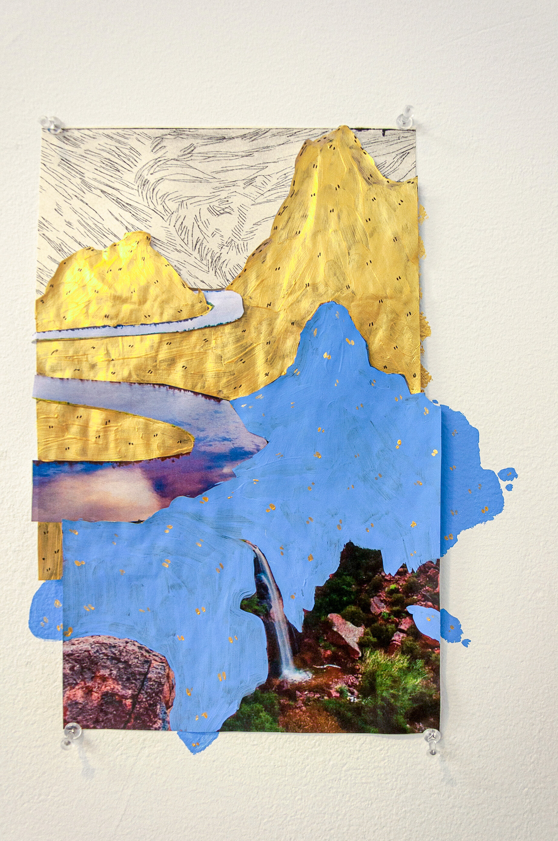 Golden and blue mountains, acrylic on paper, photo collage, etching, 11.69 x 8.27 in, 2017