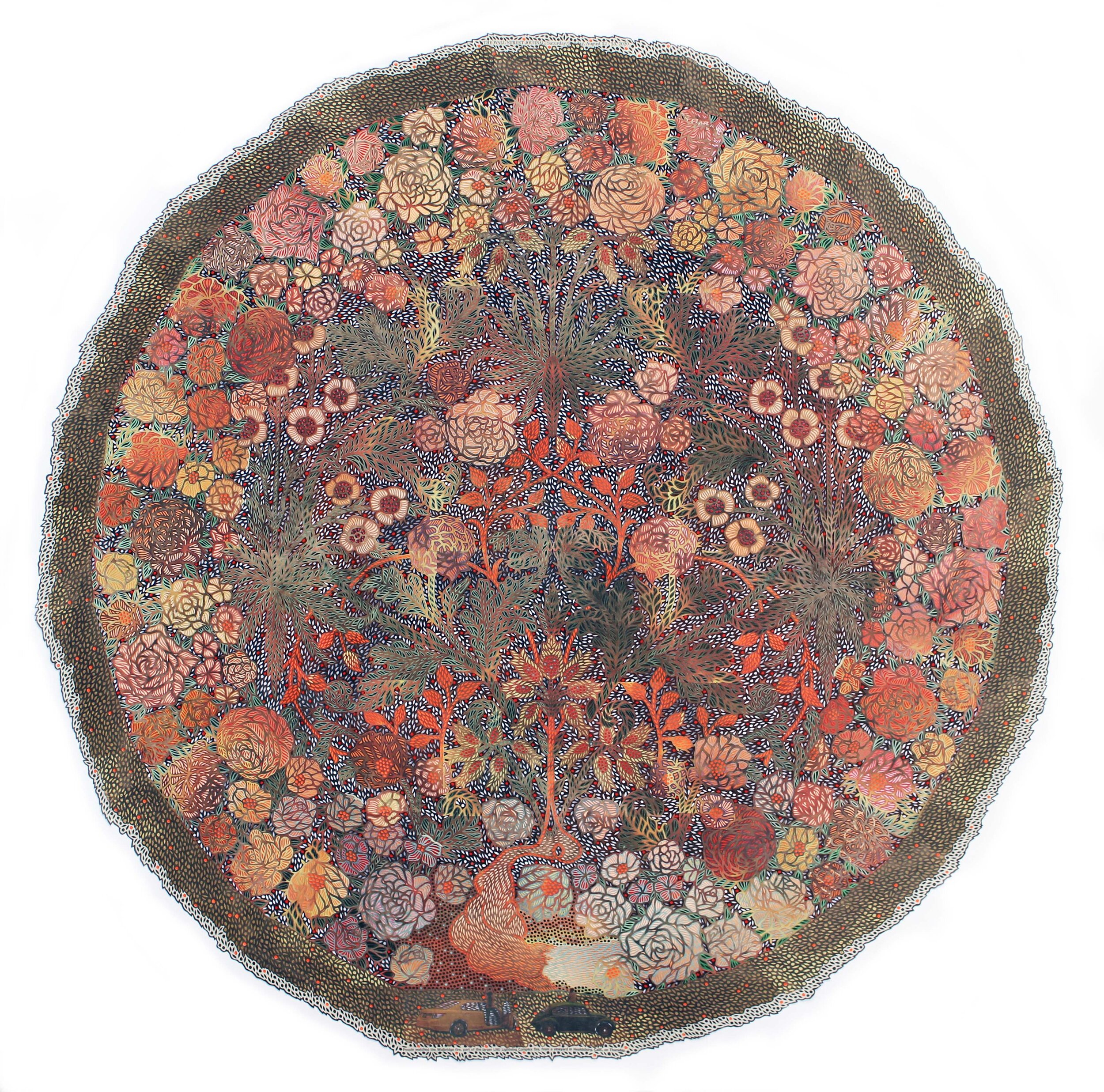 CorteÌge floristique, California Blazes, The Wall Street Journal, Saturday Sunday, August 22-23, 2020, collage of newspapers and japanese papers cut with x-acto knife, 33”  diameter