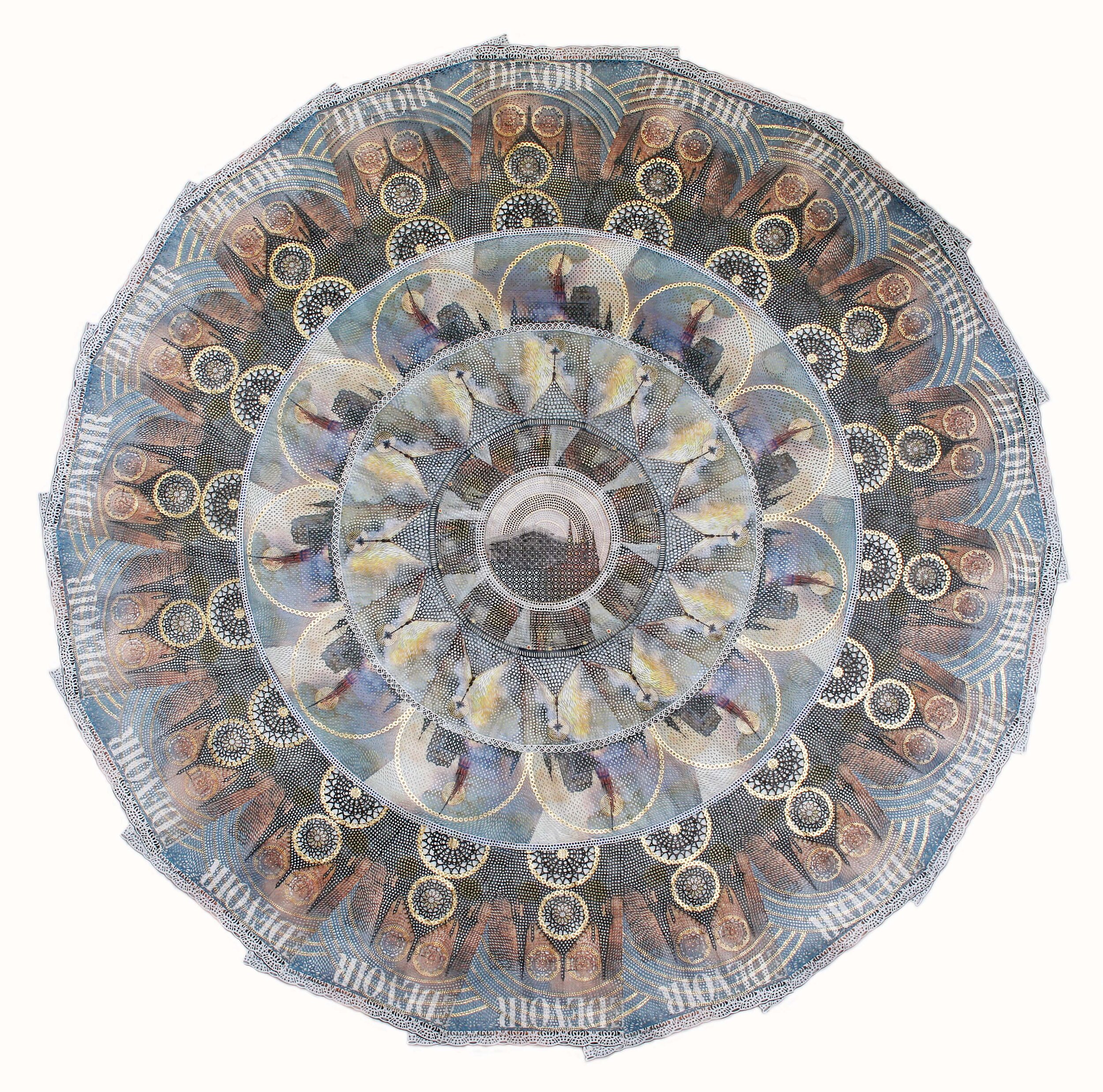Notre Dame Cathedral, Tuesday April 16, 2019, collage of newspaper and japanese paper cut-outs (x-acto), gold leaf, 52” diameter