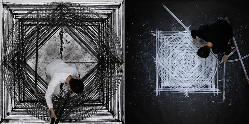 Convergence/Divergence, 2020, performative drawing with the artist height sized straightedge and compass, black and white oil pigment sticks on white and black seamless sheets, 107" x 107" per scene