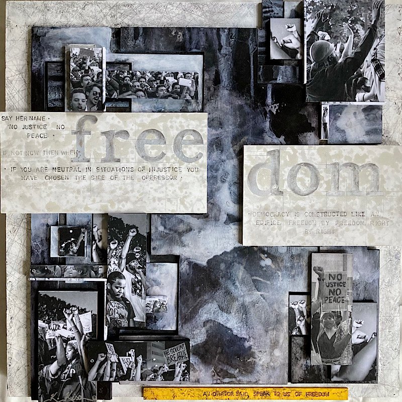   Freedom In the 21st Century,  2021, Mixed media assemblage on wood, 24in X 24in X 3in 