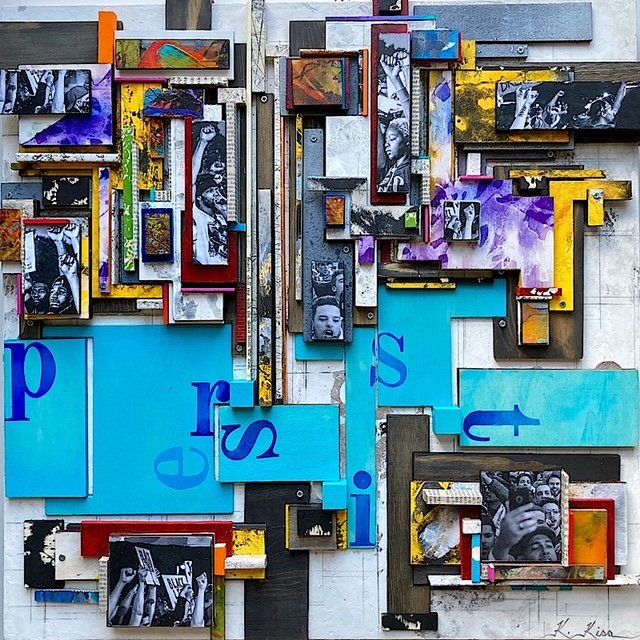    Persist , 2021, Mixed media assemblage on wood, 24in X 24in X 3in  