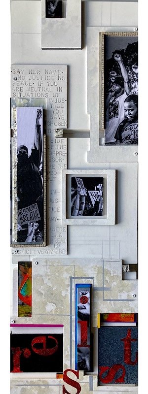   Rise Up , 2021, Mixed media assemblage on wood 8in X 26in X 2in 