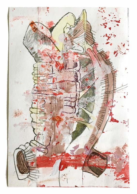   Choke - Tra·che·a: Version 3 , 2021. Acrylic, ink, marker, pen and graphite on paper, 4 x 6 inches. 