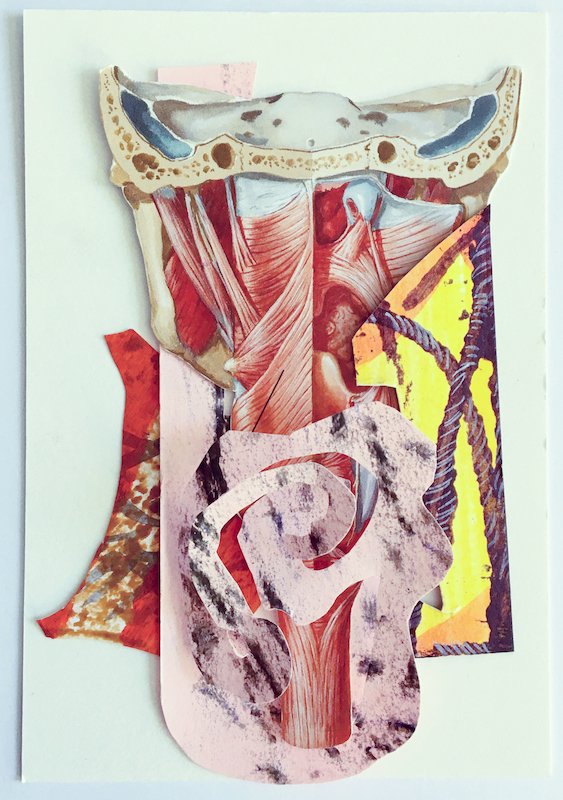   Throat: Version 4 , 2021. Acrylic, gouache, frottage, pencil, and collage on paper, 3.5 x 5.5 inches 