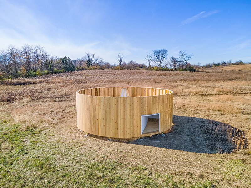   Sky Chamber , 2021, 360" x 360" x 144", Lumber, mirror 