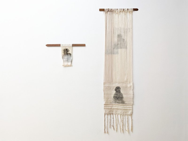   Salt Water Deluge (My Grandmother with a bird) , Silk, cotton, salt, ink, wood, 78 x 70 inches, 2021 