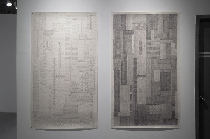   Hatching amid my own exhaustion (H).  2022, graphite on mixed media paper, 60 x 36 inches  