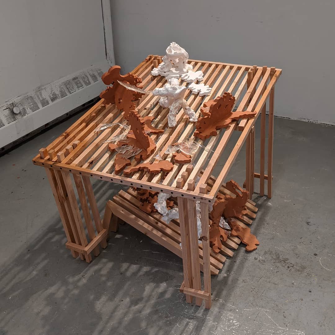   T6, 5:36am,   2021,  wood,  ceramic, resin, 5’ by 3’ by 3’ by 4’ 