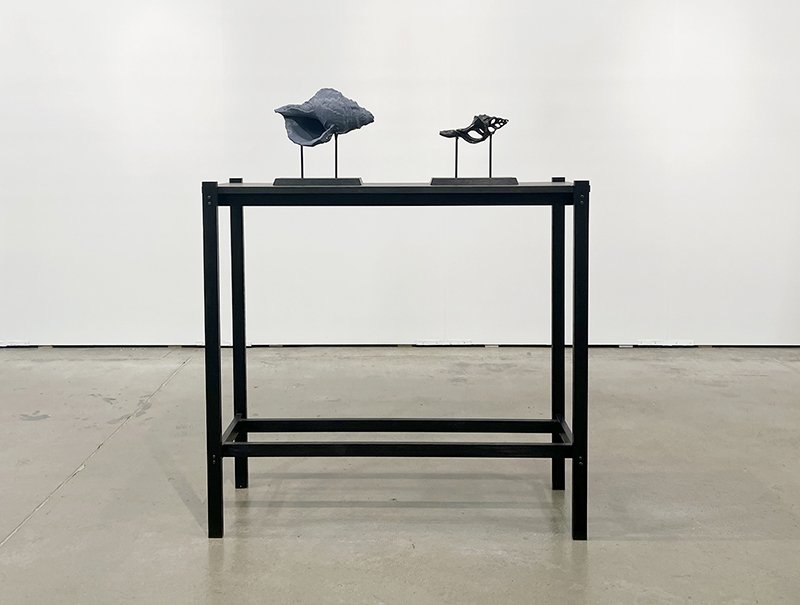   Terms of Possession,  2022, 3D print PLA, bronze, steel stands, wood table, 52 in x 44 in x 11 in 