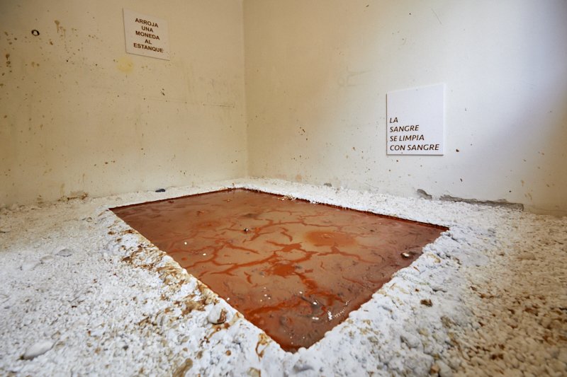   A MONEY LAUNDERING WISHING POND, WHICH IS ALSO A PAINTING, BUT IT IS NOT A PAINTING OF A POND , Valentina hot sauce and mixed media, variable measures, 2019 
