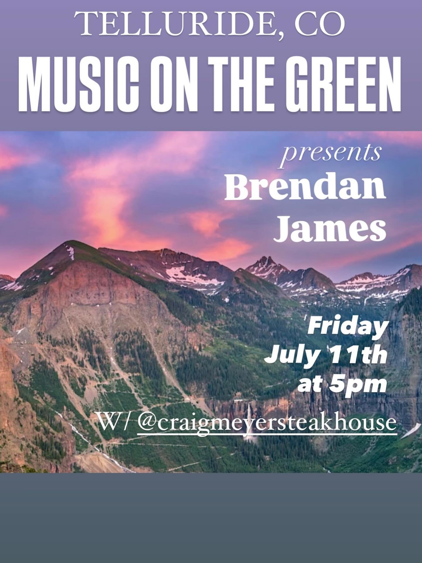 We are so honored and excited to be asked back a 3rd time! We love this spot so much. Mountain Village, Telluride, CO. 5pm on Friday July 11th. With @craigmeyersteakhouse