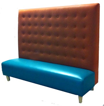 Michella Designer Banquette Displayed In: Derwin Orange Fabric and a Blue Furia Vinyl Seat with Natural Maple Legs Dimensions: 72″ (customizable) D: 26″ H: 60″ Available in custom sizes & fabrics. This designer banquette features an extremely tall and dramatic back with button detailing. This fine piece of restaurant furniture can make an incredible impact statement and lasting impression on your customers.