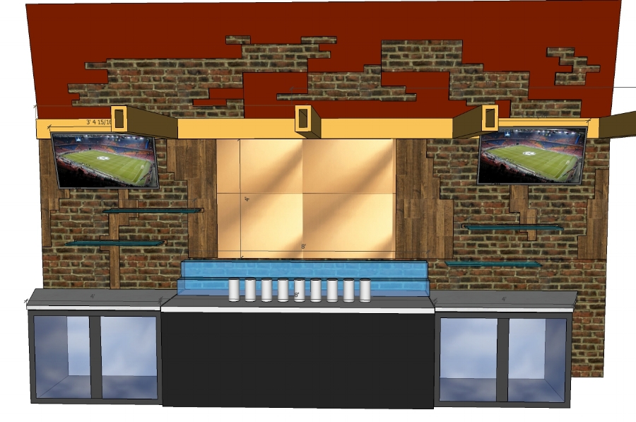 BACK BAR WITH STANDARD 95"W KEGERATOR, 2 SHLEF 8' WIDE LED LIQUOR DISPLAY, 12"X36" CANTILEVERED GLASS SHLVES, 44"-46" DIAGONAL FLAT SCREENS ANGLE DOWNWARD. BACK-WALL UP TO 8' MIX OF BRICK AND RECLAIMED WOOD, ABOVE BEAM MIX OF BRICK AND RED PAINTED WALL