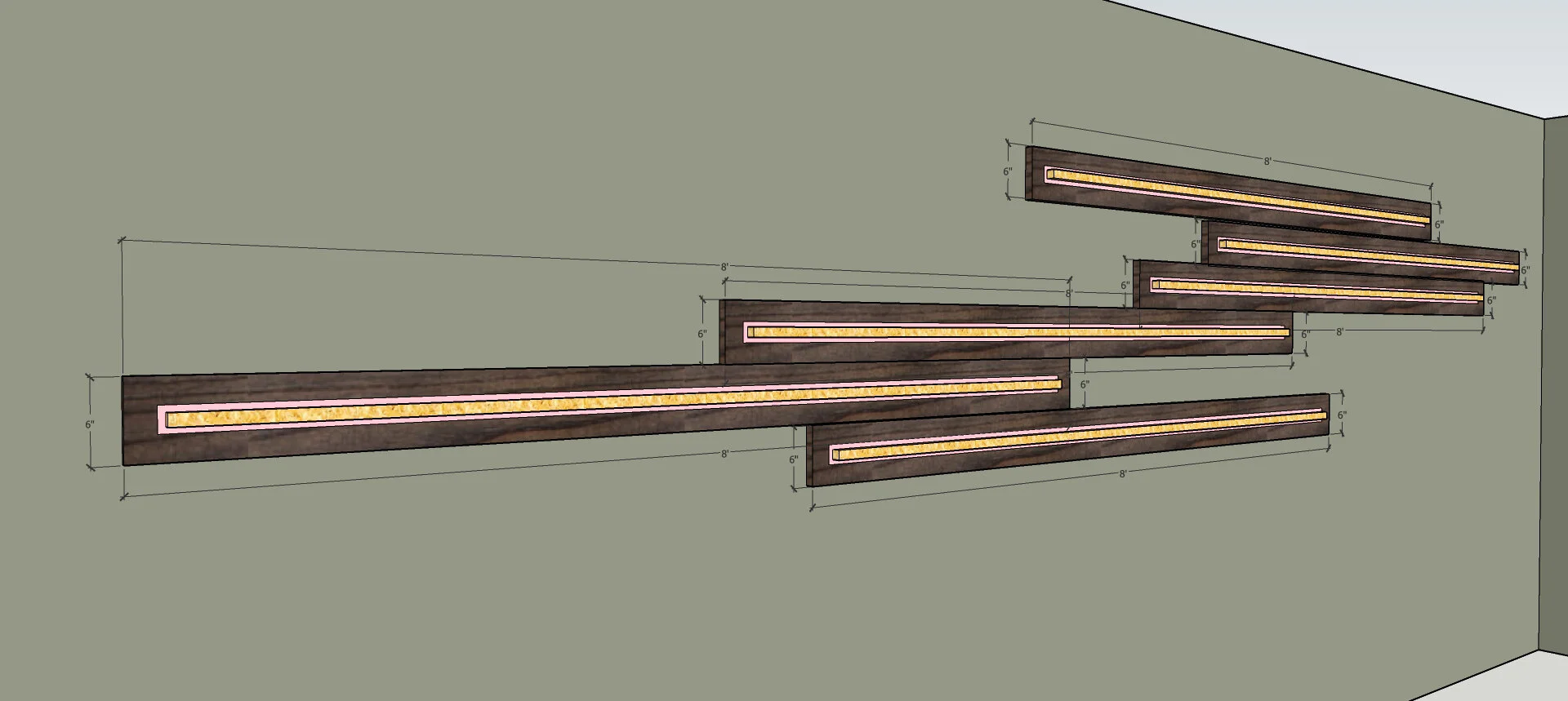 MOUNT 2”X 2” ON WALL, WRAP WITH 1/2”LED STRIP LIGHT, THEN COVER WITH 8” X 96” PLANK WOOD COVER