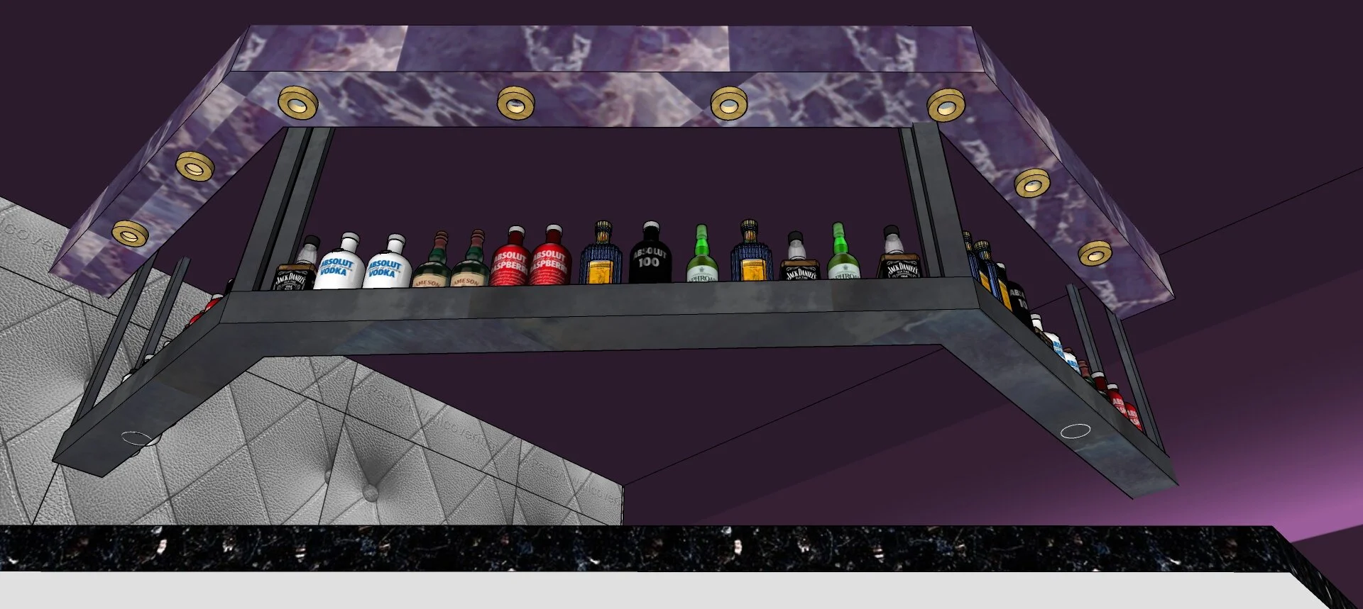 LED STRIP MOUNTED INSIDE LIQUOR BOTTLE SOFFIT TO ILLUMINATE BOTTLES