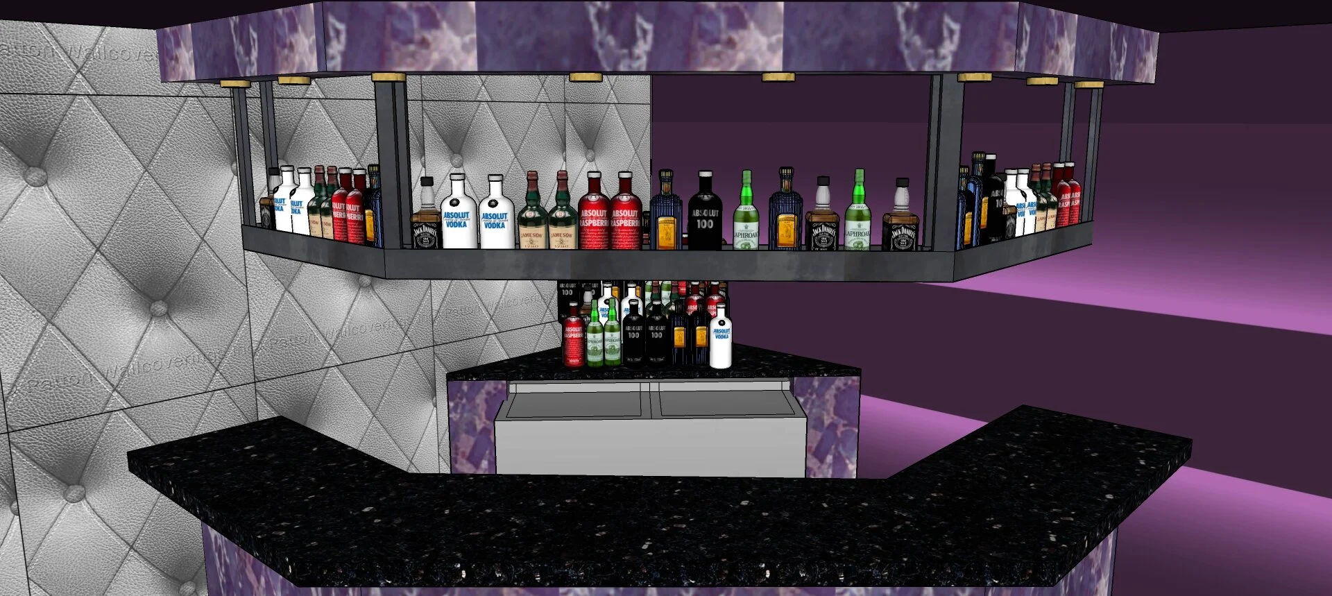 PINSPOTS IN LIGHT SOFFIT MUST HIT CENTER OF BARTOP -LIQUOR SOFFIT IS “BEHIND LIGHT SOFFIT AS SHOWN