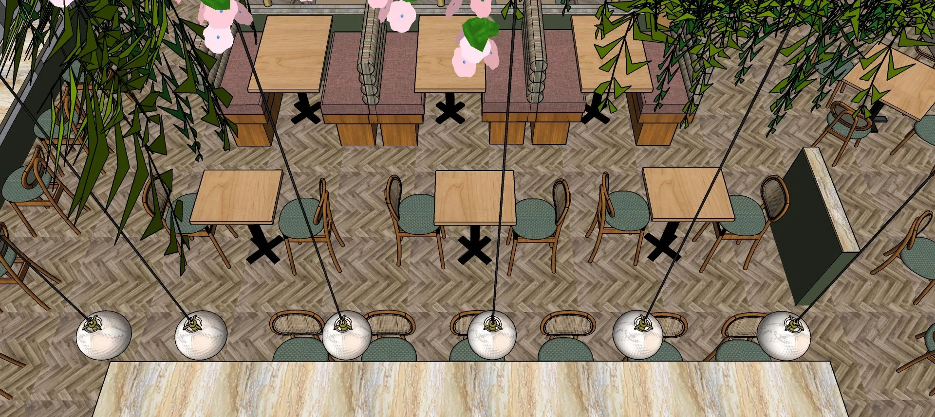 BAR SEATING &amp; HERRINGBONE VINYL FLOOR