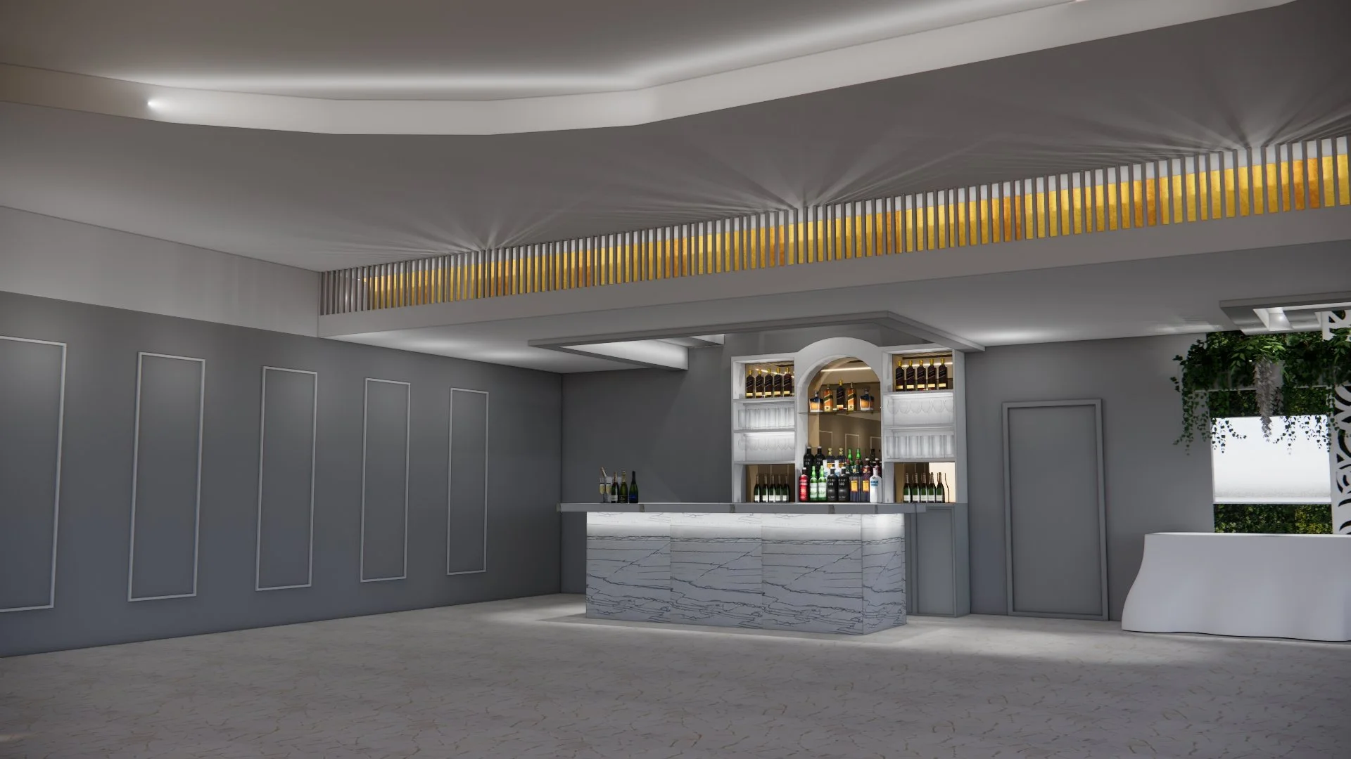 LIGHTED CAVITY ABOVE LOW CEILING WITH GOLD WALLPAPER AND SLATS TO TILE IN BOTH ROOMS