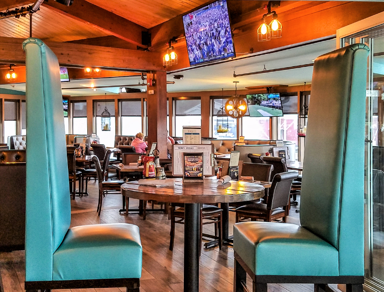 giant blue leather bar stools at high top