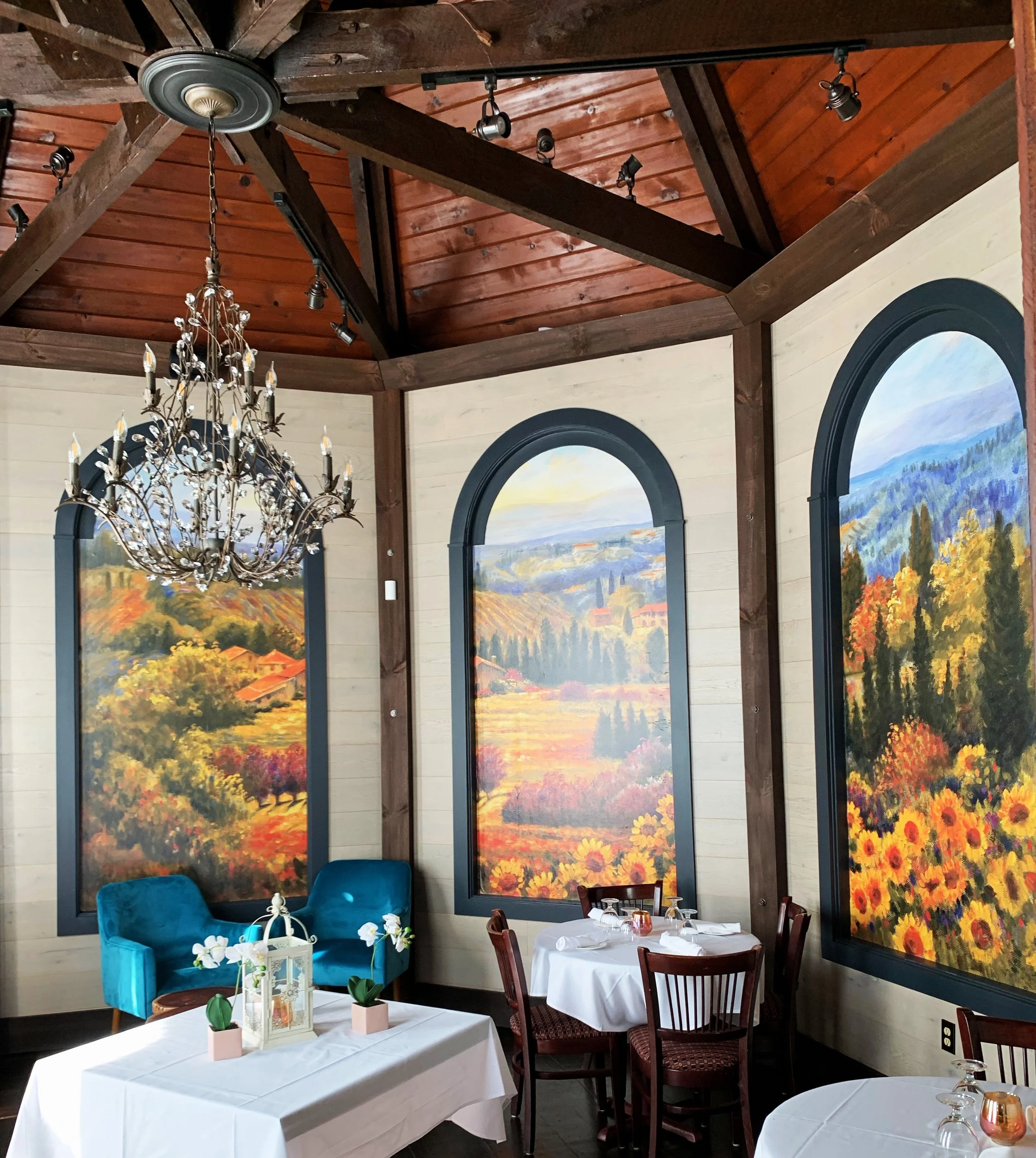 octagon wood dome ceiling in charming restaurant dining room