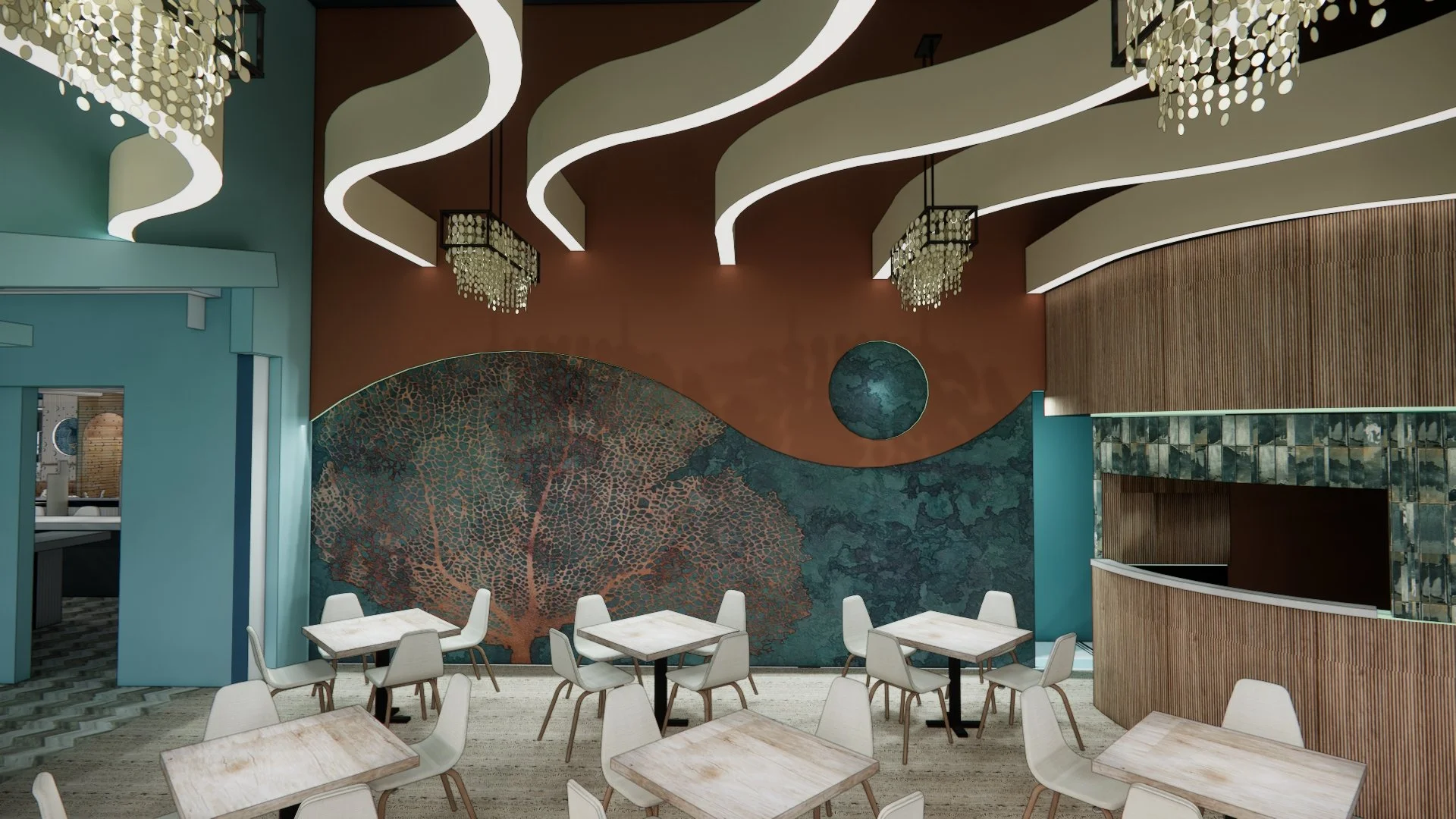 Restaurant party room design rendering by Raymond Haldeman