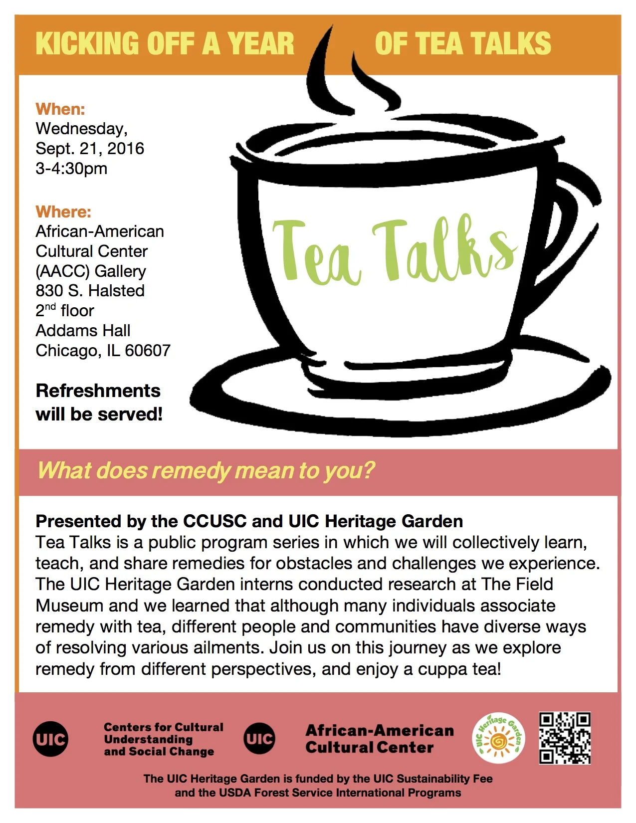 Poster. Tea Talks: What does remedy mean to you?