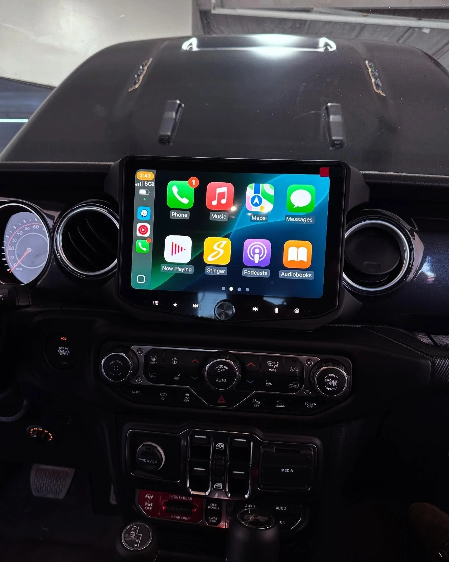 2023 Jeep 392 sound Upgrade. We started by replacing the factory head unit for a horizon 10, which keeps all factory features, including backup camera and wireless CarPlay, but also adds optical output that goes directly to our Helix 8 channel DSP am