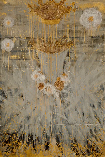 GREY AND GOLD TUTU 2019 Mixed medium on paper 70"hx50" framed