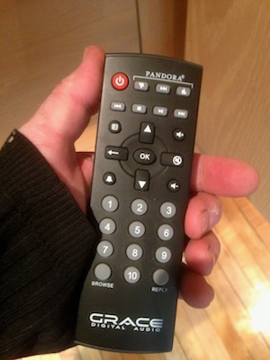  Remote to turn on Pandora or Sirius music. Volume up down buttons are on right. Use toggle on back of unit to switch&nbsp;music between&nbsp;bedroom or living room. 