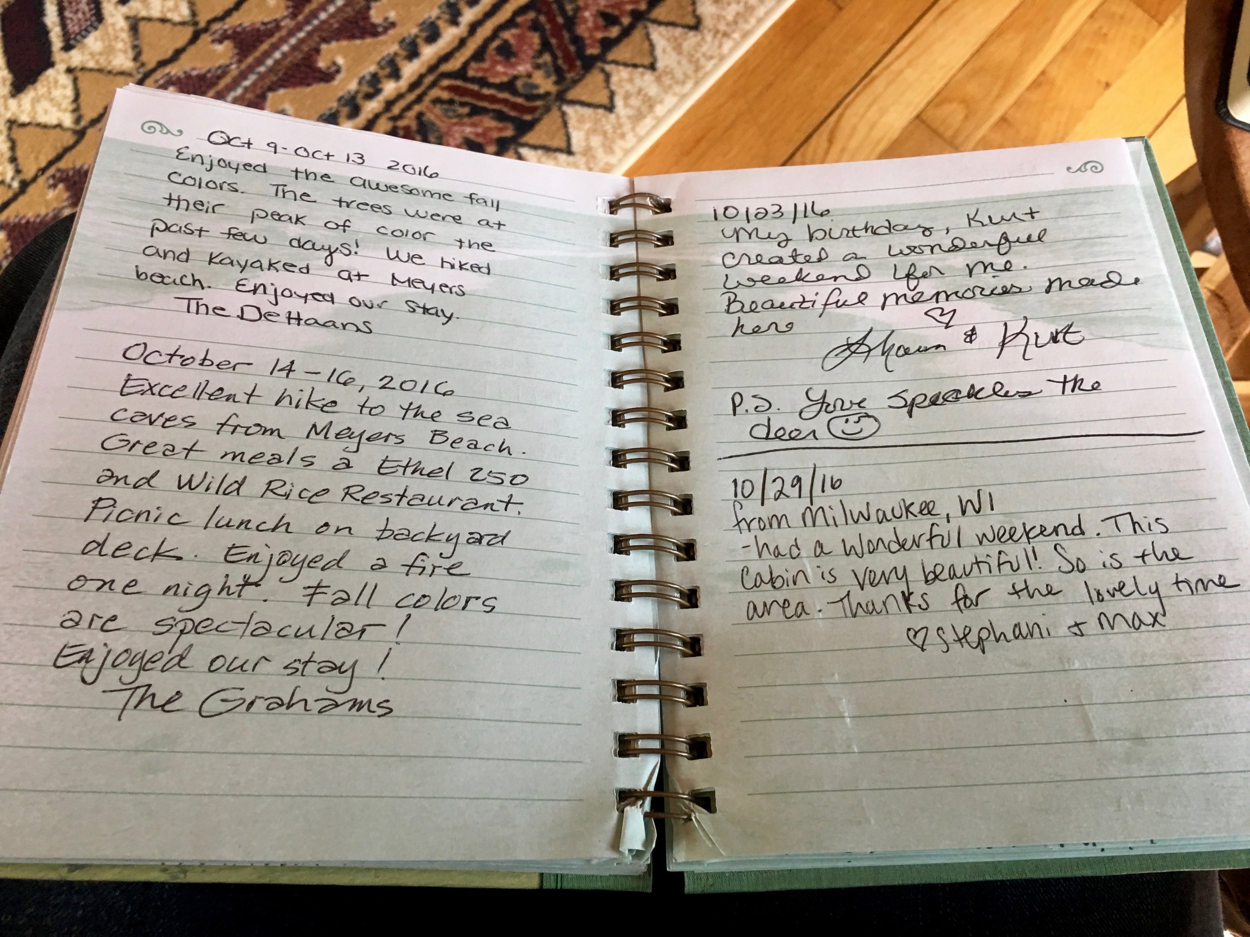 "The fall colors are spectacular! We had a picnic lunch on the cabin's back deck." "My birthday - beautiful memories made. Loved Speckles the Deer" "This cabin is very beautiful. So is the area. Thanks for the lovely time." 