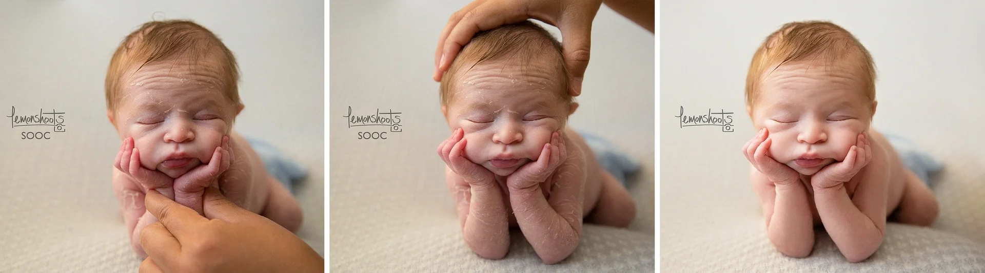 To achieve this pose, the photographer must know how to composite two images. In this example, we use the upper part from the first photo and the bottom part of the second photo to show baby resting his head on his hands, but the truth is that he was being supported at all times.