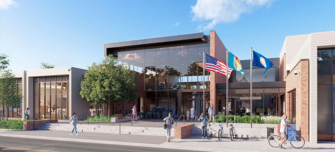 A rendering of the new Downtown Suffolk Library, seen from across the street, looking at the front of the building