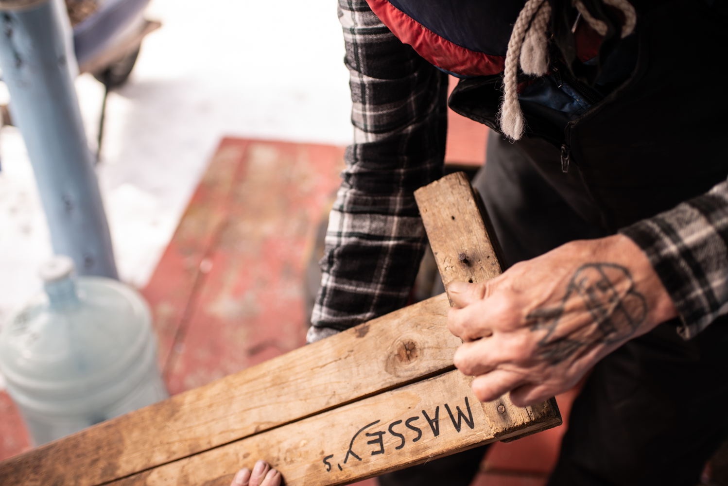  Massey showing us a hide stretcher, April 2018. 