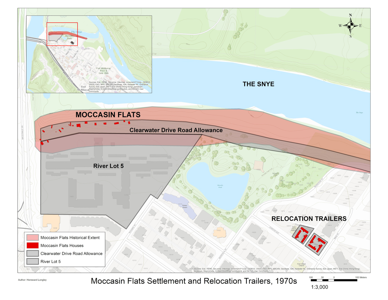 Map showing the historical extent and houses at Moccasin Flats, and the relocation trailers. Made with data from several archival maps.