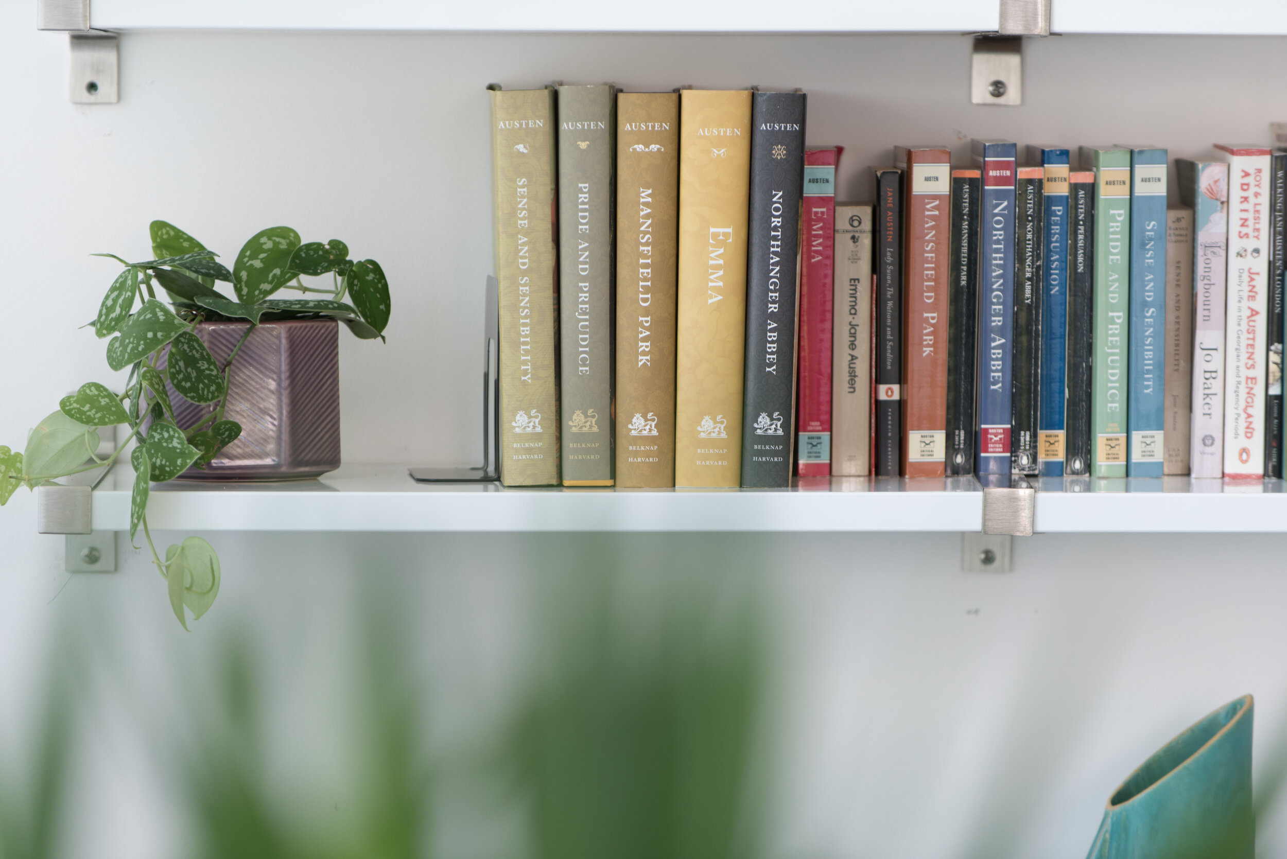 White floating bookshelf with Jane Austen novels and small metal hexagon vase with green spotted plant.