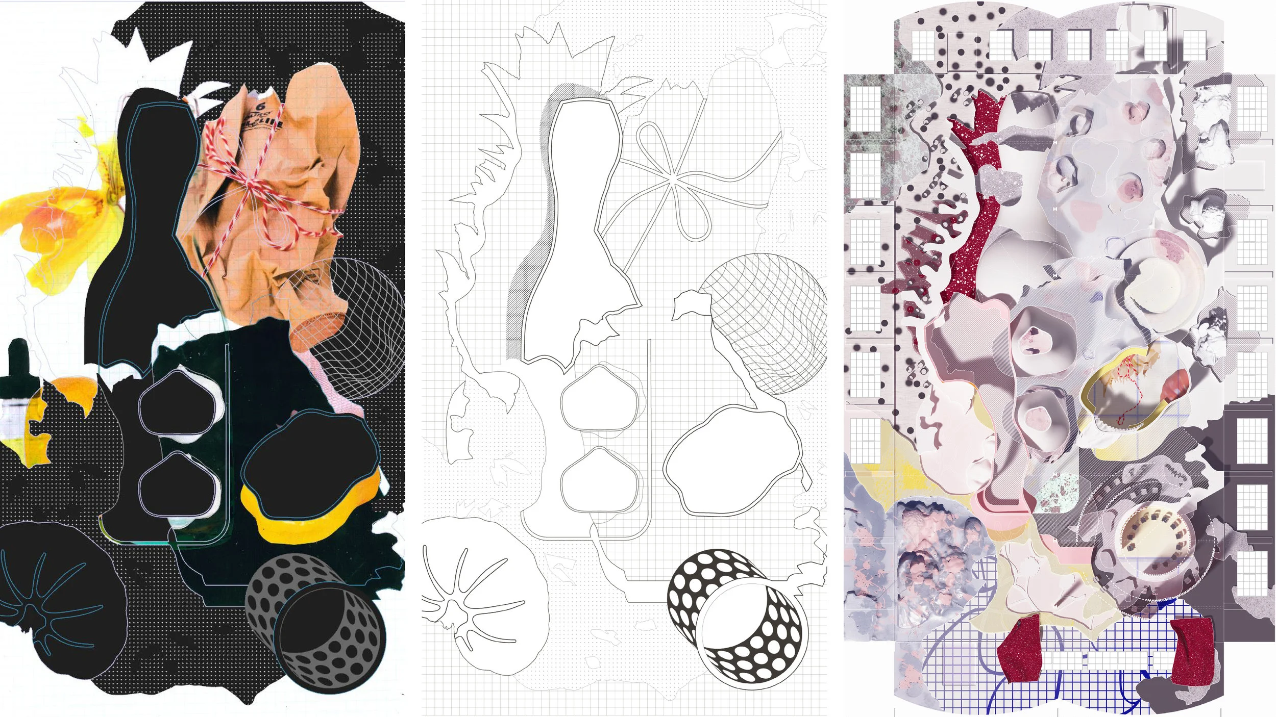 Pictured The collages are made into a drawing which then becomes the basis for the plan of easy office. Project Pita and Bloom Advanced Studio Easy Office Instructor Florencia Pita and Jackilin Hah Bloom with Miroslava Brooks Description When Roger Evans describes the shift from hierarchical space to space of heterogenous hemogeneity in eighteenth century English interiors, he describes an unnerving stylistic unity in the set-up of domestic scenes insisting on the “homogenisation of appearances” between body, dress, furniture, and architecture. As furniture moves away from either the edge or the center, varied elements are “distributed picturesquely across the floor, without evident formality” creating a subdivided room of complex and diverse geography. The set-up can be seen as a series of spheres made small enough and complete enough to function as complete and intimate wholes. Translated to today’s office space an analogy can be made with tech offices, in which food is never more than 100 feet away and any of multiple contained spaces within the open office can function as ‘complete’. In this office multiple similar and easily accessed set-ups give an illusion of choice within a comfortable range of diversity. In reaction to this, the project seeks to create a montage of distinct parts first combined into a whole and then cut up from that artificial completeness. The parts are shifted to create a series of incomplete wholes in tension with one another. The intent is to make worlds that are resist being spherical, that is closed and hermetic, but which are incomplete and dependent on one another. The forms are bounded and seemingly able to close, but leak into, cut into, or open up onto one another. Pattern and color are used to define regions as well as to denote their influence on other regions. This creates a tenuous and balanced composition.