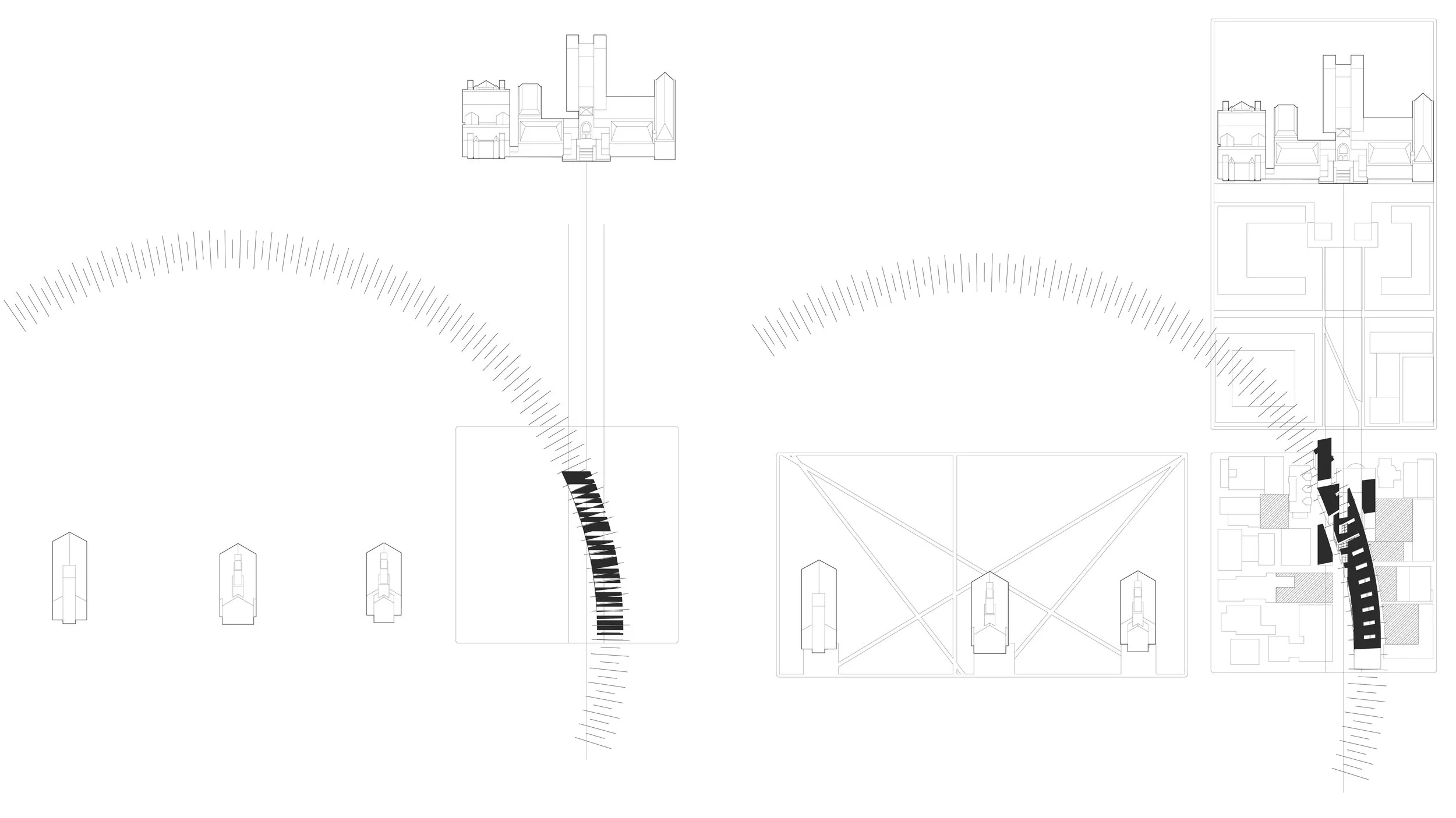 Pictured Building aperture diagram and site strategy diagram. Project A building that interrogates the idea of lateness Instructor Peter Eisenman with Elisa Iturbe Collaborators Ian Donaldson Description The avant-garde is linear. Adorno’s conception of Lateness, on the other hand, rejects ideological progress and Hegelian notions of time. This project attempted to construct a problematic relationship between the operational methodology of the deconstructivists, the root of the digital in architecture today, and at the other hand contemporary fluid parametricized systems. Our site, adjacent to the center of New Haven’s Nine-Square Grid and along the axis of Sterling Memorial Library and Cross-Campus, led to a prioritization of the imaginary or virtual conditions of the site to challenge the intense linear axis and physical presence of Sterling Memorial Library. The collision of the linear grid, from Sterling, and virtual radial grid from the center of the 9-squares attempt to challenge the fascination in contemporary discourse of presence, iconicity and the physical properties of architectural objects.