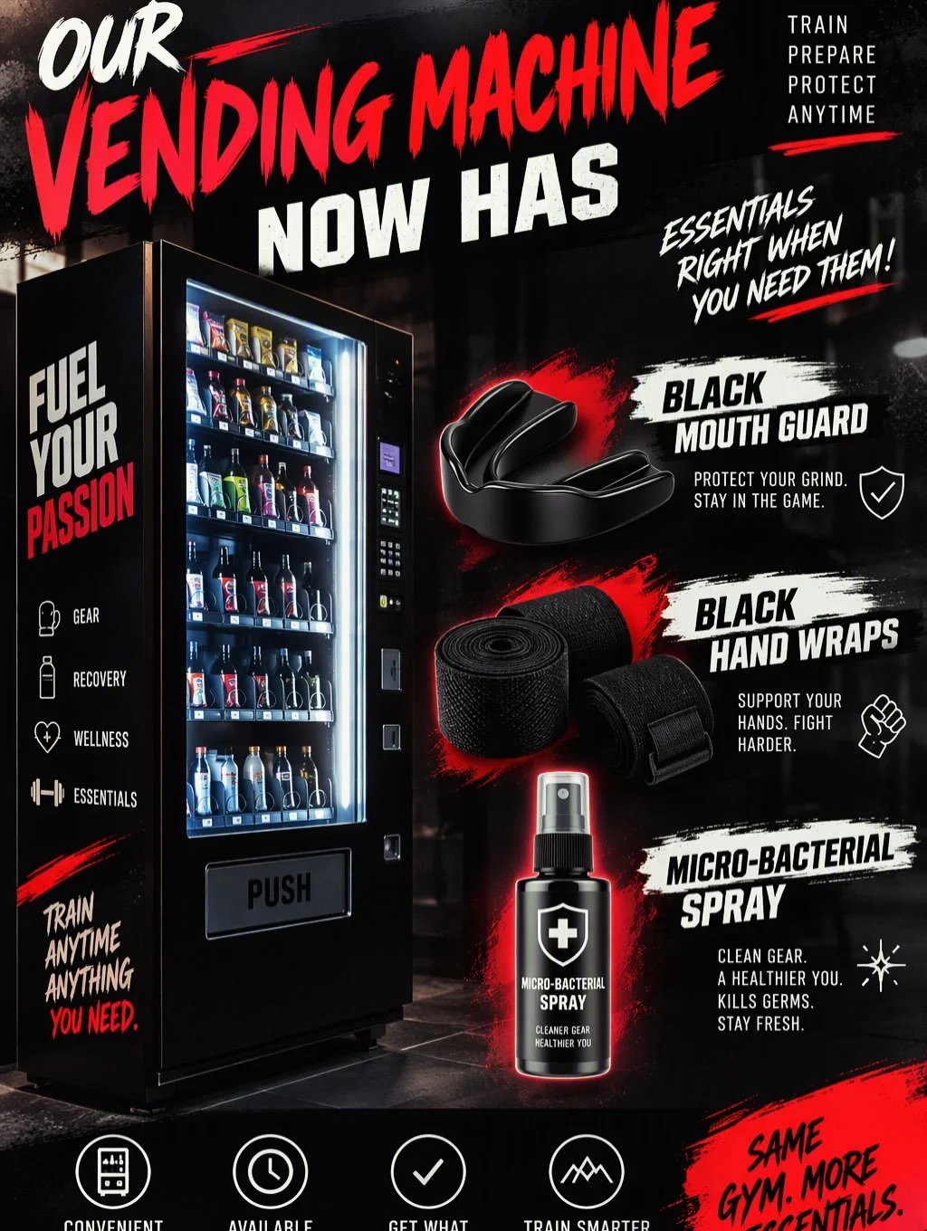 🔥 AVAILABLE NOW 🔥

Forgot your wraps? Need a mouth guard? Want to keep your gear clean and fresh?

Our new KP FIT vending machine is fully stocked with the essentials you need to train.

✅ Hand Wraps ✅ Mouth Guards ✅ Anti-Bacterial Spray

Convenien